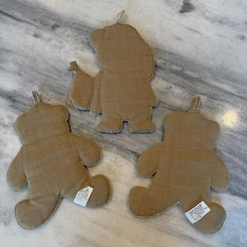 Set Of 3 Vintage Teddy Bear Fabric Wall Hangings Or Hot Pads/Pot Holders
